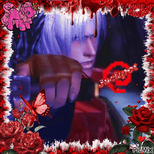 a picture of a man holding a sword in a frame with roses and butterflies and the words picmix on the bottom