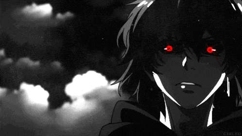 a black and white drawing of a person with red eyes and the name cieled on the bottom right