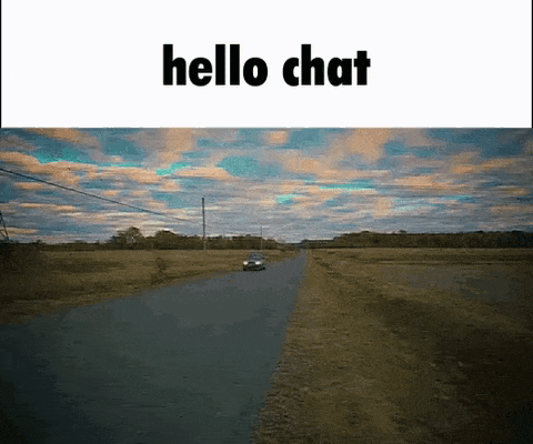 a car is driving down a road next to a sign that says " hello chat "