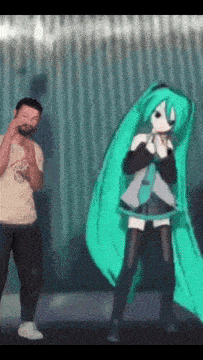 a man with a beard is standing next to a cartoon character with long green hair