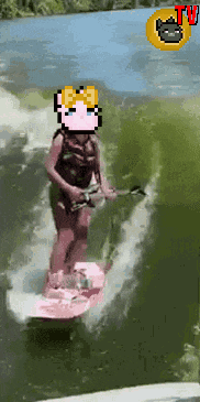 a pixel art drawing of a girl riding a wave