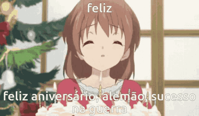 a girl blowing out candles in front of a christmas tree with the words feliz written above her