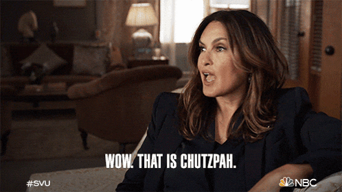 a woman says wow that is chutzpah while sitting on a chair