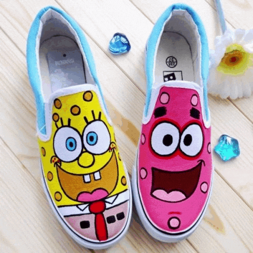 a pair of shoes with spongebob and patrick faces on them