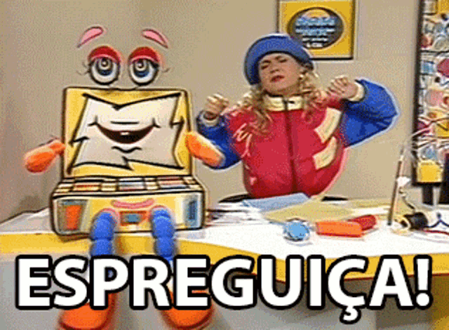 a woman is standing next to a cartoon character that says espreguica