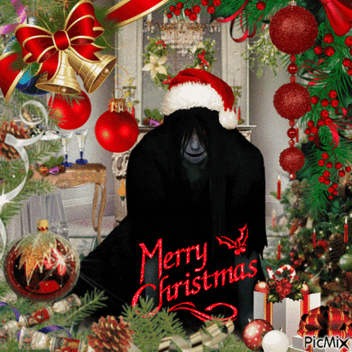 a christmas greeting card with a ghost wearing a santa hat that says merry christmas
