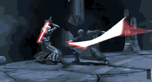 two lightsabers are being thrown at each other in a dark room