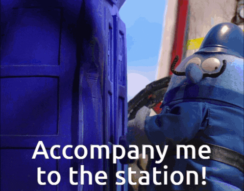 a cartoon character is standing in front of a blue box and says accompany me to the station