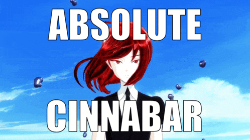 a picture of a woman with red hair and the words absolute cinnabar