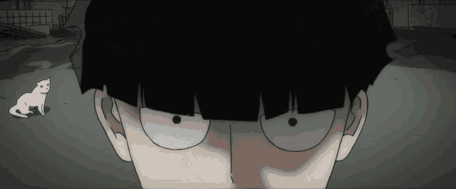 a close up of a cartoon character 's face with a cat in the background