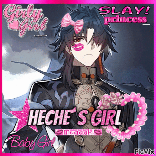 a picture of a man with a pink bow on his head and the words " slay princess "