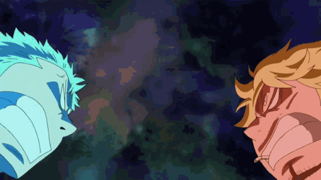 two anime characters looking at each other with their mouths wide open