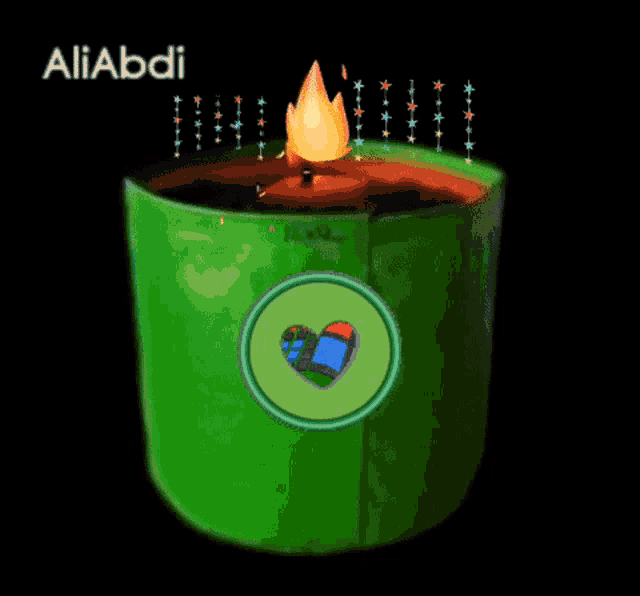 a green container with a candle inside of it and the name aliabadi on the bottom