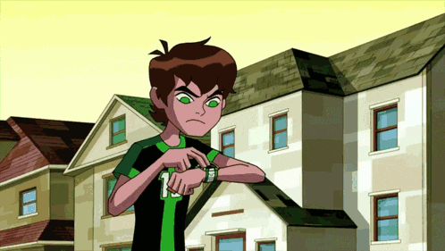ben tennyson from ben 10 looks at his watch in front of a building