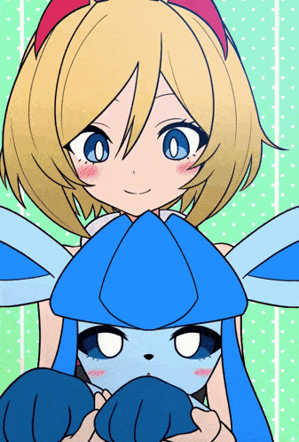 a girl with blonde hair is holding a blue rabbit