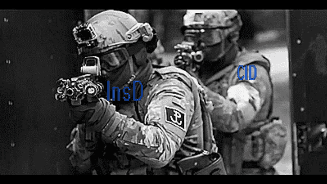 two soldiers are holding guns in a black and white photo with the word cid in blue .