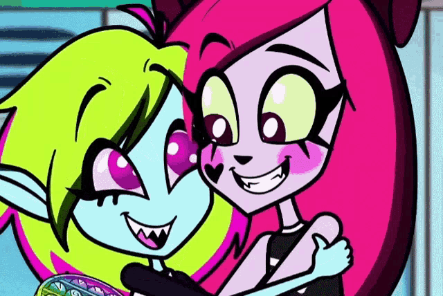 a couple of cartoon characters are hugging each other and smiling .
