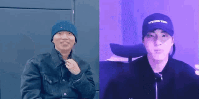 two men are sitting next to each other and one is wearing a hat .