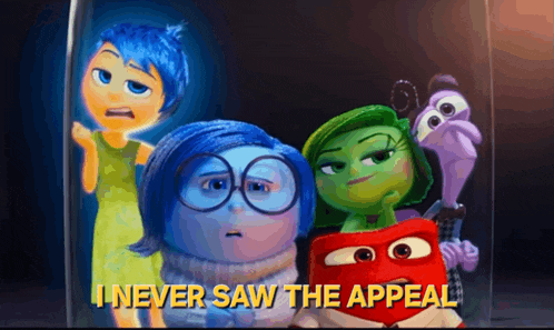 a group of cartoon characters with the words " i never saw the appeal "