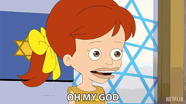 a cartoon girl says oh my god in front of a star of david