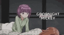 a girl with purple hair is sitting next to a man in a bed and says goodnight mickey .