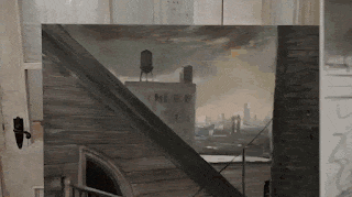 a painting of a city with a water tower and the word chief on it