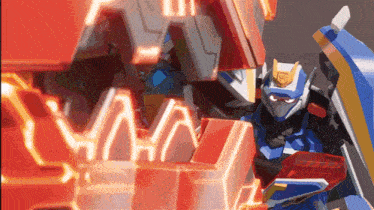 a robot with a red and blue stripe on its head
