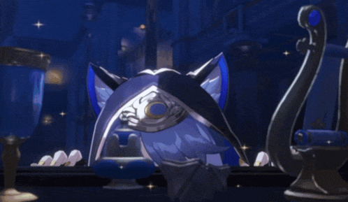 a cartoon character with blue hair and a cat ear