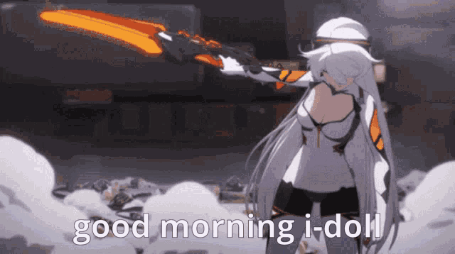 a girl with long white hair is holding a sword and says `` good morning i-doll '' .