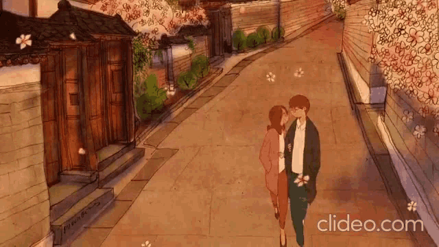 a cartoon of a man and woman kissing on a street with clideo.com in the bottom right corner