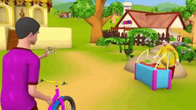 a man is riding a bike in a cartoon scene with a woman standing next to a table .