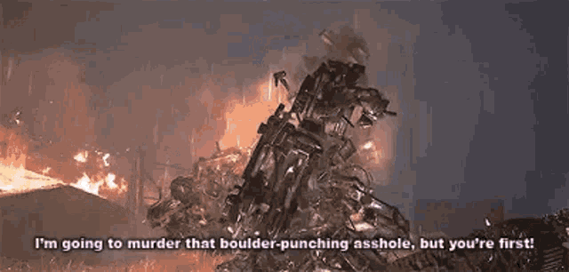 a video game character is talking to another character in the rain while holding a sword .