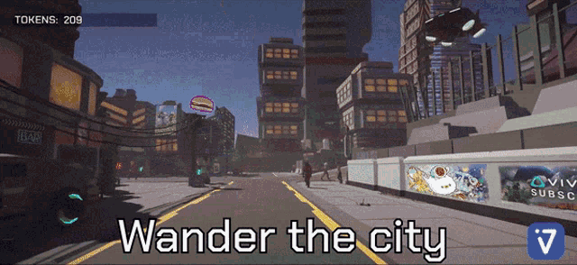 a computer generated image of a city with the words wander the city