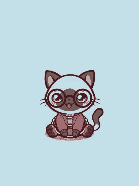 a cat wearing glasses and a jacket is sitting on a blue surface
