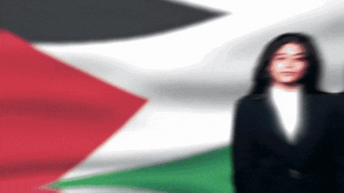 a blurry picture of a woman in a suit standing in front of a flag