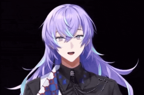 a close up of a person 's face with long purple hair and blue streaks .