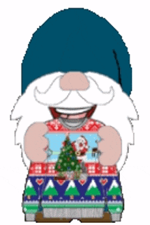 a gnome wearing an ugly christmas sweater is holding a picture of santa and a christmas tree