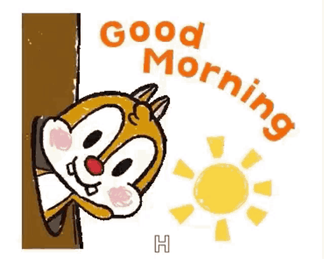 a cartoon chipmunk peeking out from behind a tree trunk with the words `` good morning '' .