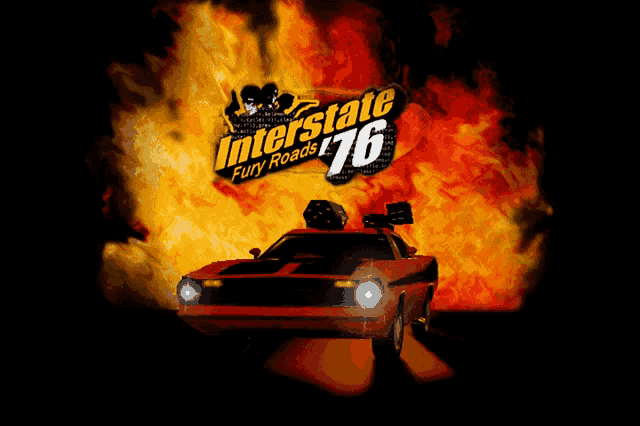a poster for interstate fury roads 76 with a red car