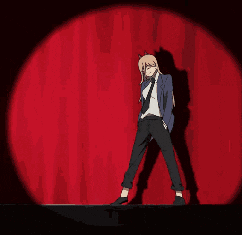 a cartoon character is standing in front of a red wall