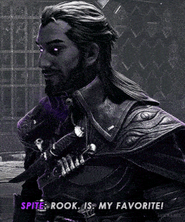 a man with purple eyes and a beard is wearing a purple armor and says spite rook is my favorite .