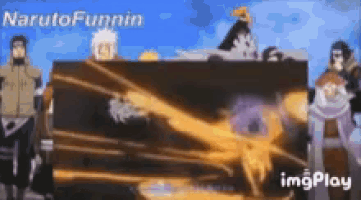a group of naruto characters are standing around a large sign that says narutofunnin