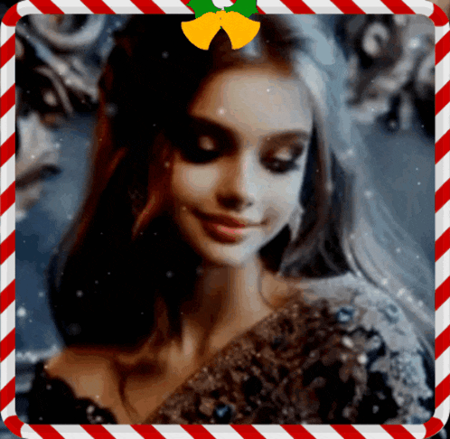 a picture of a woman with a bell on her head in a candy cane frame