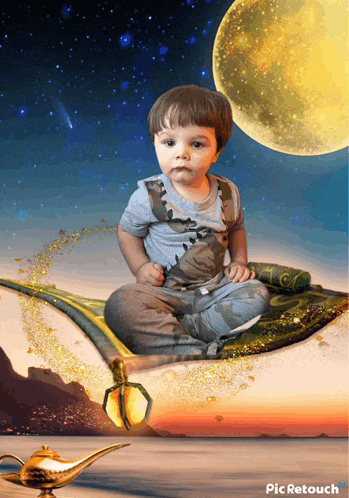 a picture of a child sitting on a flying carpet with the word pic retouch on the bottom
