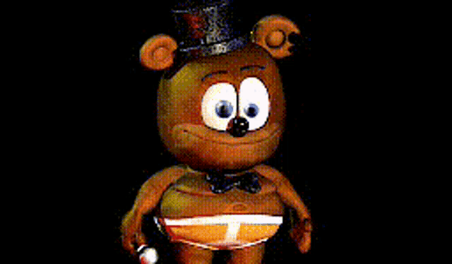 a cartoon teddy bear wearing a top hat and bow tie is holding a microphone .