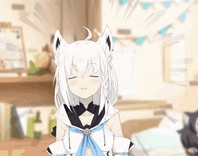 a girl with white hair and black ears is smiling in a room