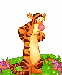 tigger from winnie the pooh is blowing a pink bubble in a field of flowers .