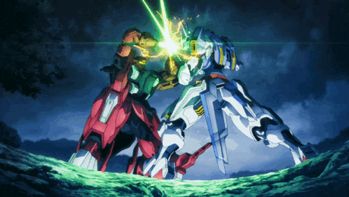 two robots are fighting with a green light coming out of the middle