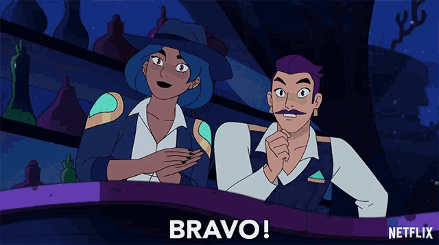 a cartoon of a man and a woman with the word bravo on the bottom right