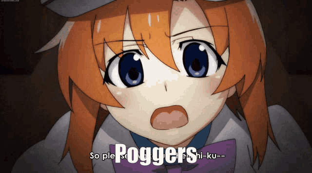 a picture of a girl with the words poggers written on it